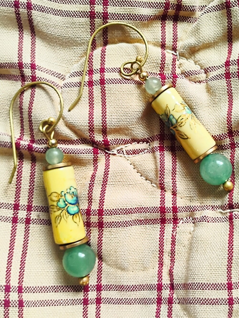 Handmade Yellow Vintage Japanese Rose Bead and Green Aventurine Dangle Earrings